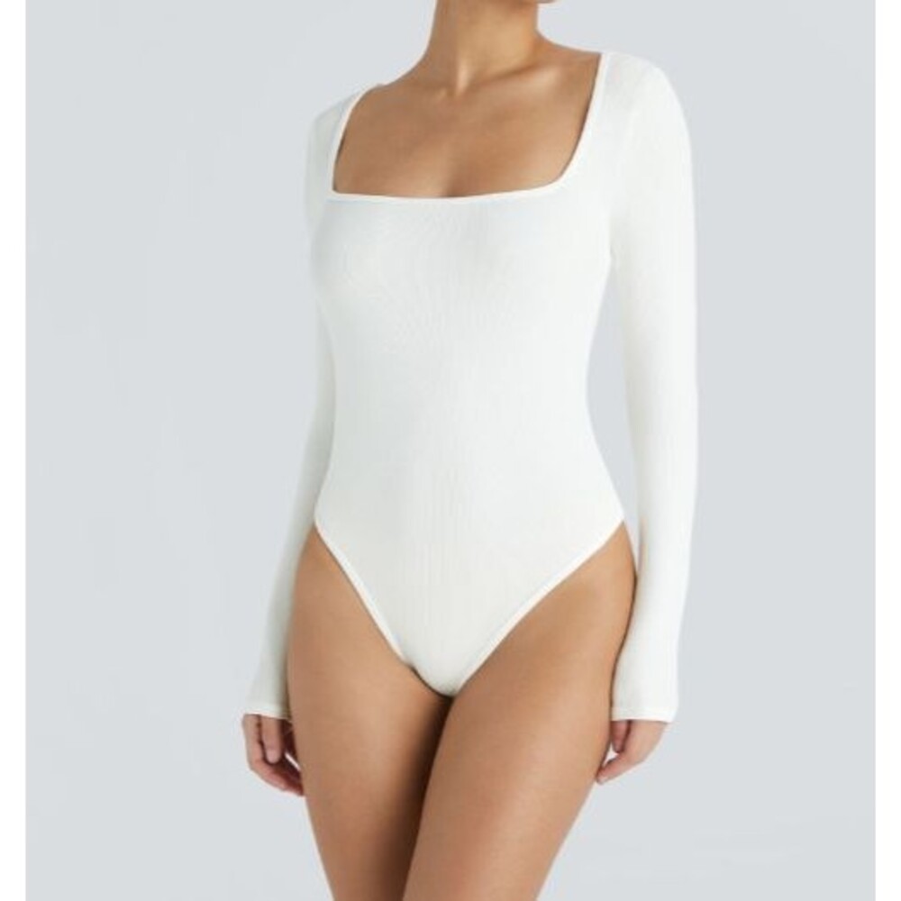 Halara White Ribbed Lightweight Square Neck Long Sleeve Thong Bodysuit Size XL